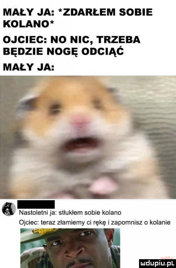 mały ja zdarłem sobie kolano ojciec no nic trzeba będzie nogę odciąć mały ja. nastoletni ja stłukłem sobie kolano ojciec teraz złamiemy ci rękę i zapomnisz kolanie v. abakankami ludu iu. l