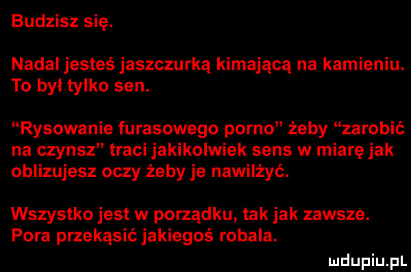 budzisz się. nadal jesteś jaszczurką kimającą na kamieniu. to był tylko sen. rysowanie fugasowego porno żeby zarobić na czynsz traci jakikolwiek sens w miarę jak oblizujesz oczy żeby je nawilżyć. wszystko jest w porządku tak jak zawsze. pora przekąsić jakiegoś robala