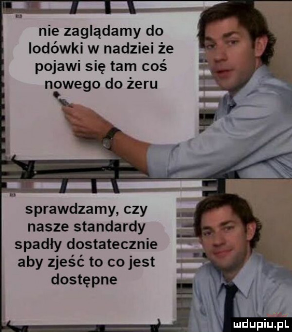nie zaglądamy do lodówki w nadziei że pojawi się tam coś nowego do żeru sprawdzamy czy nasze standardy spadły dostatecznie. aby zjeść to co jest dostępne