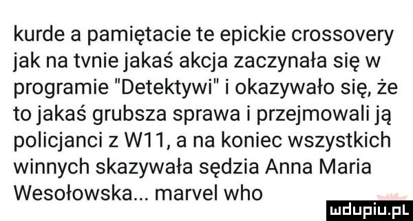 kurde a pamiętacie te epickie crossovery jak na tvniejakaś akcja zaczynała się w programie detektywi i okazywało się że to jakaś grubsza sprawa i przejmowali ją policjanci z w   a na koniec wszystkich winnych skazywała sędzia anna maria wesołowska marcel who wdupiu pl