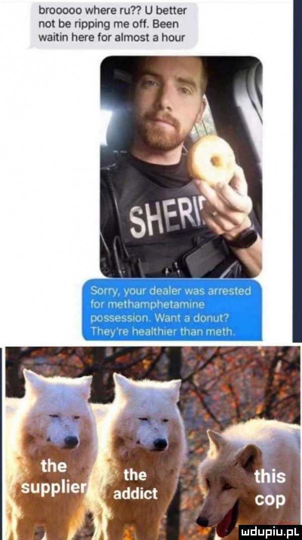 brooooo where m u better not be rapping me off. bean waitin here for almost a hour sorry. your dealer was arrested or methamphetamine possession. want a donut they re healthier tran mech. tais cop