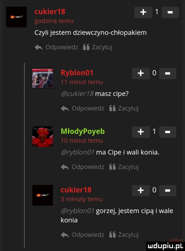 cukier     godzmę emu czyli jestem dziewczyno chłopakiem  x oduowwcdz ii zdcyiuj ryblon   o    minut emu uk eeg masz clpe x odpowiedz zbcvylaj młodypoyeb      minut temu i yb oćm ma clpe i will koala. k ocpowmdz ii zgq ij cukier      m nutytemu ryb nam gorzej. jestem cipą i wale konia  x odpowmdz ii zacyuq