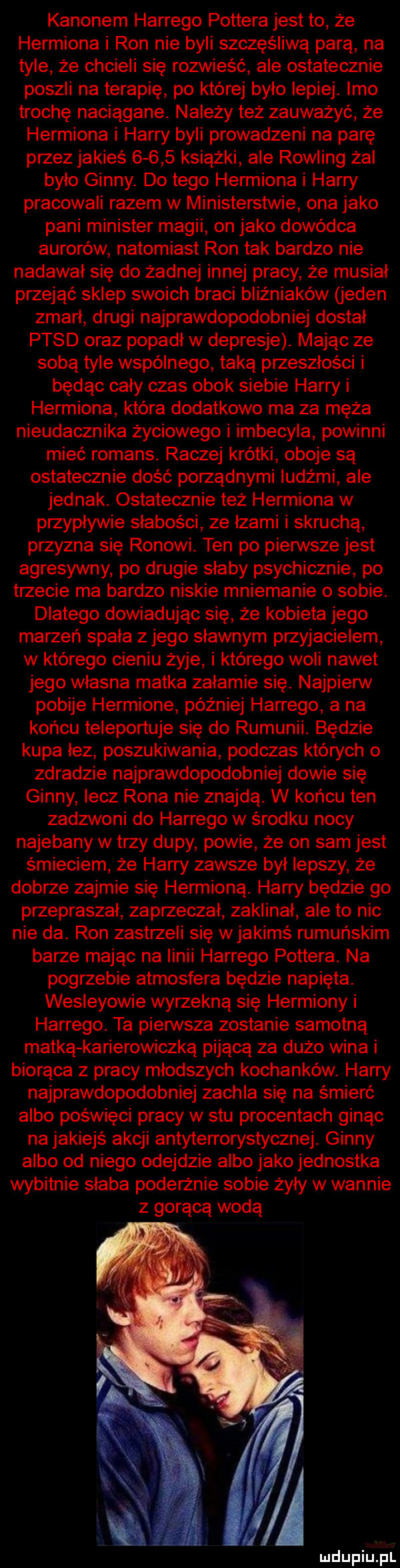 kanonem hardego pottera jest to że hermiona i ron nie byli szczęśliwą parą na tyle że chcieli się rozwieść ale ostatecznie poszli na terapię po której było lepiej. imo trochę naciągane. należy też zauważyć że hermiona i harry byli prowadzeni na parę przez jakieś       książki ale rowling żal bylo gonny. do tego hermiona i harry pracowali razem w ministerstwie ona jako pani minister magii on jako dowódca autorów natomiast ron tak bardzo nie nadawal się do żadnej innej pracy że musial przejąć sklep swoich braci bliźniaków jeden zmarł drugi najprawdopodobniej dostał ptsd oraz popadł w depresje. mając ze sobą tyle wspólnego taką przeszłości i będąc caly czas obok siebie harry i hermiona które dodatkowo ma za męża nieudacznika życiowego i imbecyla powinni mieć romans. raczej krótki oboje są ostatecznie dość porządnymi ludami ale jednak. ostatecznie też hermiona w przypływie słabości ze łzami i skruchą przyzna się ronowi. ten po pierwsze jest agresywny po drugie slaby psychicznie po trzecie ma bardzo niskie mniemanie o sobie. dlatego dowiadując się że kobieta jego marzeń spala z jego slawnym pmyjacielem w którego cieniu żyje i którego woli nawet jego wlasna matka zalamie się. najpierw pobije hermione później hardego a na końcu teleportuje się do rumunii. będzie kupa lez poszukiwania podczas których o zdradzie najprawdopodobniej dowie się gonny lecz rona nie znajdą. w końcu ten zadzwoni do hardego w środku nocy najebany w trzy dupy powie że on sam jest smieciem że harry zawsze był lepszy że dobrze zajmie się hermioną. harry będzie go przepraszal zaprzeczał zaklinał ale to nic nie da. ron zastrzeli się w jakimś rumuńskim barze mając na linii hardego pottera. na pogrzebie atmosfera będzie napięta. wesleyowie wyrzekną się hermiony i hardego. ta pierwsza zostanie samotną matką karierowiczką pijącą za dużo wina i biorąca z pracy młodszych kochanków. harry najprawdopodobniej zachla się na śmierć albo poświęci pracy w stu procentach ginąc na jakiejś akcji antyterrorystycznej. gonny albo od niego odejdzie albo jako jednostka wybitnie slaba poderżnie sobie żyły w wannie z gorącą wodą
