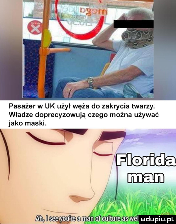 pasażer w uk użył węża do zakrycia twarzy. władze doprecyzowują czego można używać jako maski.     an man qfcujtureaswel