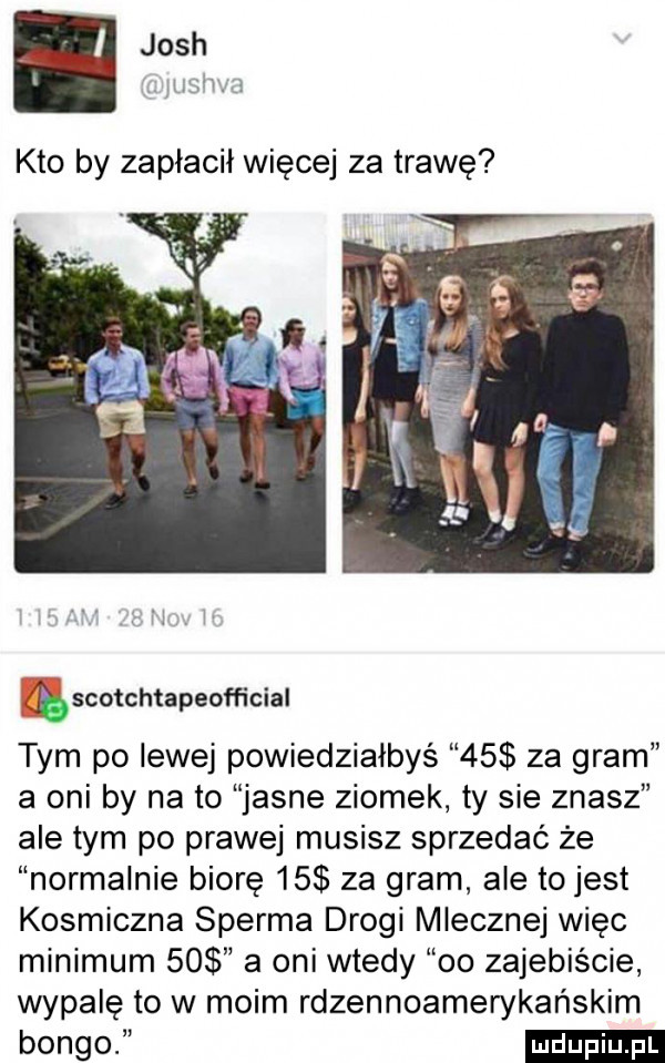 kto by zapłacił więcej za trawę escotcmapeofficial tym po lewej powiedziałbyś    za gram a oni by na to jasne ziomek ty sie znasz ale tym po prawej musisz sprzedać że normalnie biorę    za gram ale to jest kosmiczna sperma drogi mlecznej więc minimum    a oni wtedy    zajebiście wypalę to w moim rdzennoamerykańskim bongo