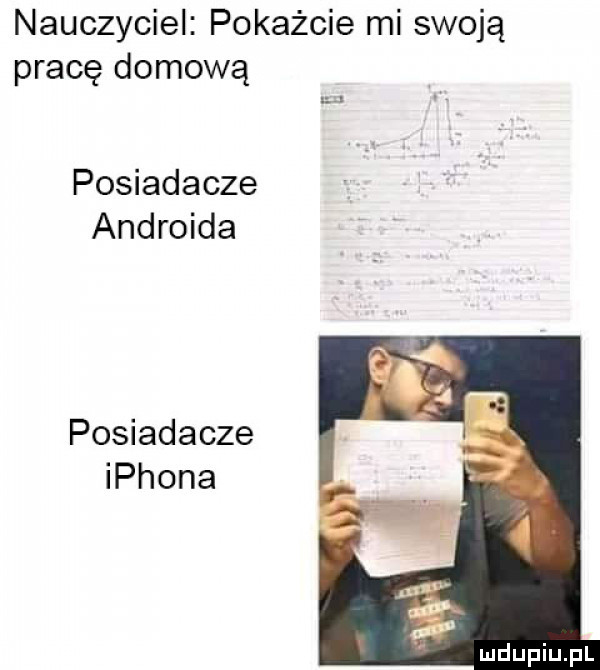 nauczyciel pokażcie mi swoją pracę domową a posiadacze androida posiadacze iphona