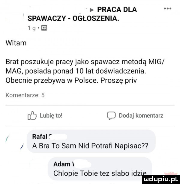praca dla spawaczy ogłoszenia.   g e witam brat poszukuje pracyjako spawacz metodą mig mag posiada ponad    lat doświadczenia. obecnie przebywa w polsce. proszę priv komentarze   lubię mi c dodaj komentarz rafal a bla to sam nad potrafi napisac  adam chlopie tobie tez slabo idziom