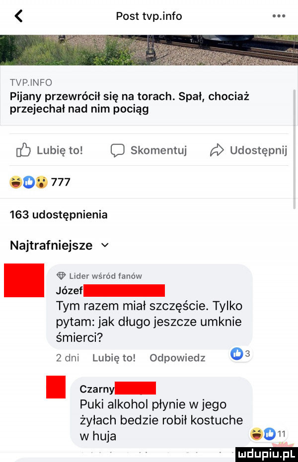 post tvp info tvp info pijany przewrócił się na torach. stai chociaż przejechał nad nim pociąg dl lubię to c skomentuj udostępnij o.         udostępnienia najtrafniejsze v lider wśród łanów józef tym razem miał szczęście. tylko pytam jak długo jeszcze umknie śmierci   dni lubię to odpowiedz    i czarny puki alkohol płynie w jego żyłach bedzie robił kostuche w huja o