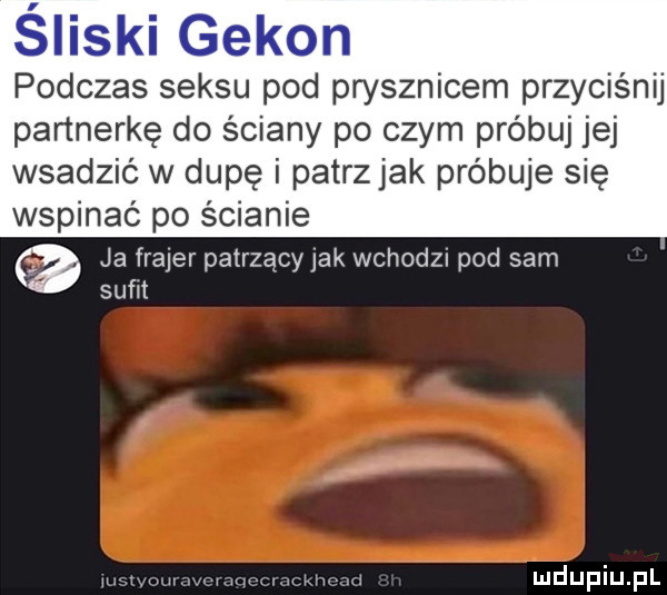 śliski gekon podczas seksu pod prysznicem przycisnij partnerkę do ściany po czym próbuj jej wsadzić w dupę i patrz jak próbuje się wspinać po ścianie ja frajer patrzący jak wchodzn pod sam sufit wmdupiupl