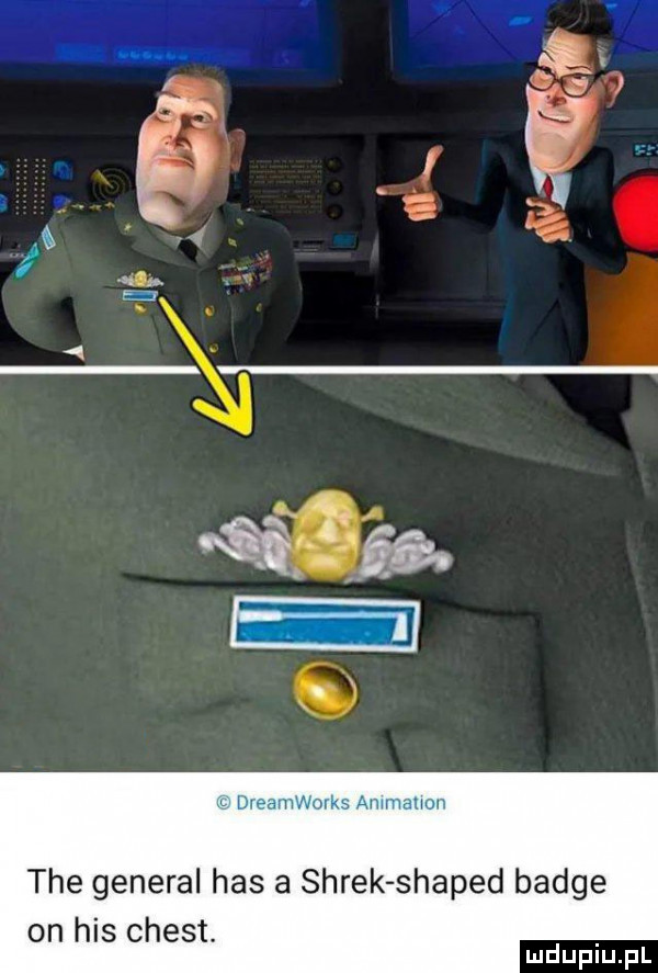 v ar r ł. a i     ej l m nam l ulu. uh nw tee general has a shrek shaped badge on his chust