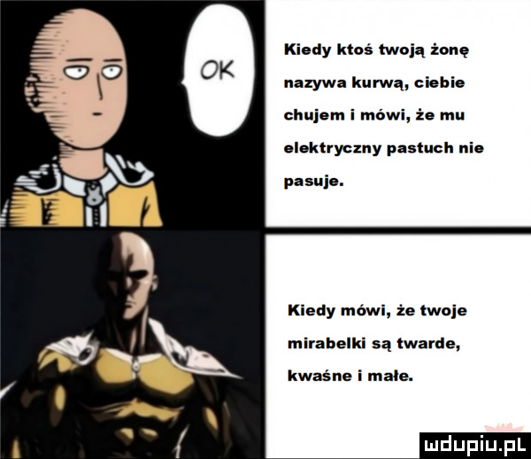 kiedy noś twoją żonę nabywa kurwa ciebie chujem i mówi że mu elektryczny pasach nie pasuje. kiedy mówi że twoje mirabelki są lwarde kwaśne i male