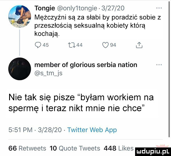 tonfie onlyitongie         mężczyźni są za słabi by poradzić sobie z przeszłością seksualną kobiety którą kochają. q    fi    q     l member of glorious serbia nasion sitmijs nie tak się pisze byłam workiem na spermę i teraz nikt mnie nie chce      pm         twitter web aap    retweets    quote tweets     limes