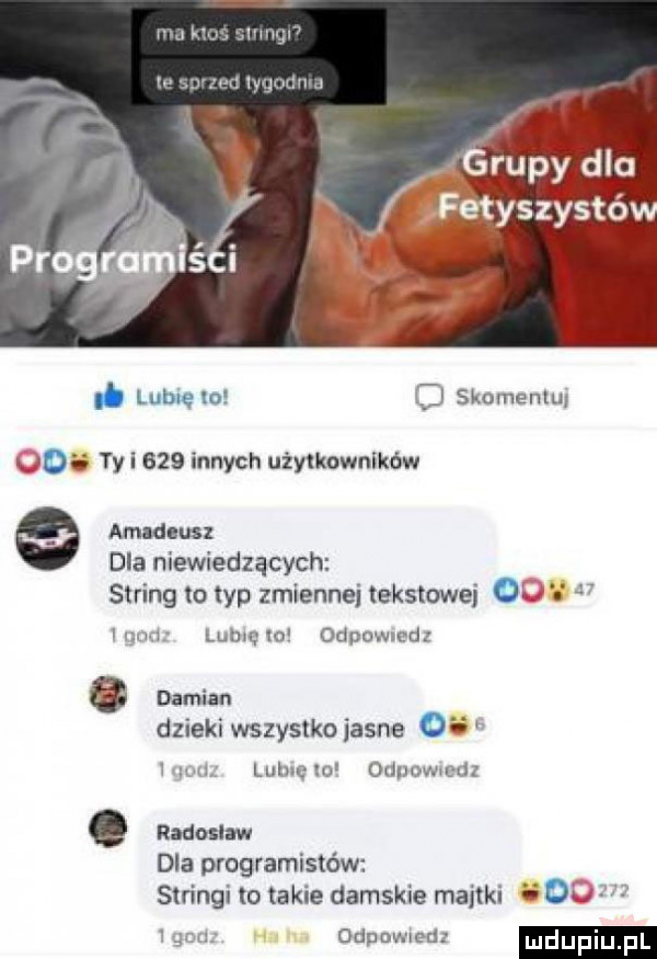 lubie lo o skomentul a. o y-i     innych użytkowników macam dla niewiedzących string to typ zmiennej tekstowej  l ued lumq to deownedz damian dzieki wszystko jasne    mai lubnem odnowa dz. naw dla programistów stringi to takie damskie majtki ii ok