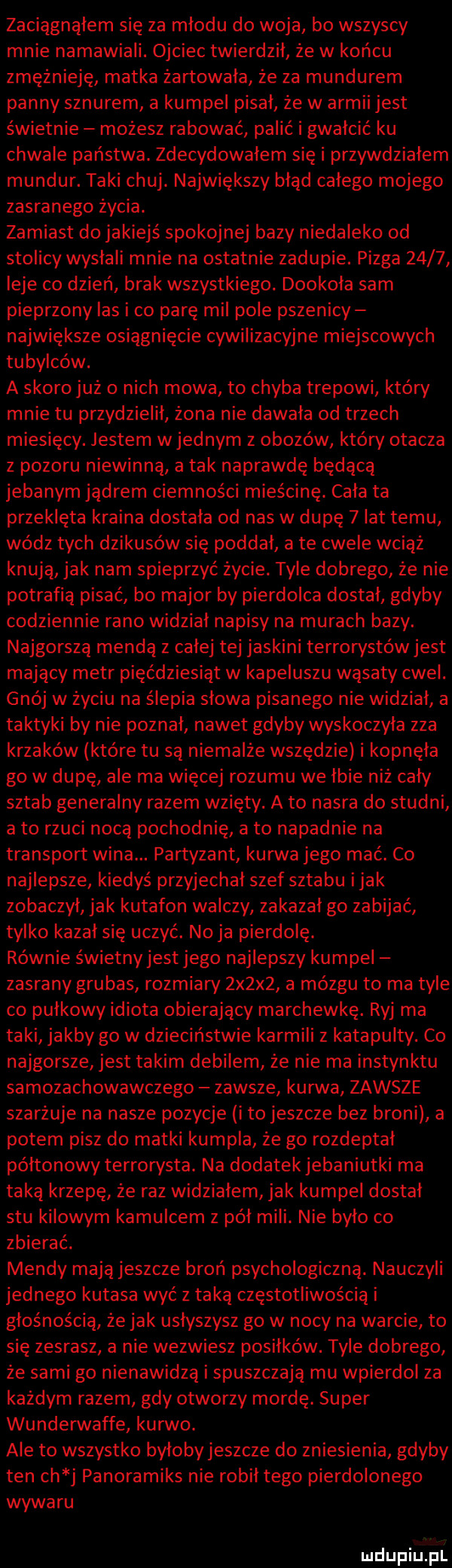 zaciągnąłem się za miodu do woja bo wszyscy mnie namawiali. ojciec twierdził że w końcu zmężnieję matka żartowała że za mundurem panny sznurem a kumpel pisał że w armii jest świetnie możesz rabować palić i gwałcić ku chwale państwa. zdecydowałem się i przywdziałem mundur. taki chuj. największy błąd całego mojego zasranego życia. zamiast do jakiejś spokojnej bazy niedaleko od stolicy wysłali mnie na ostatnie zadupie. pizga      leje co dzień brak wszystkiego. dookoła sam pieprzony las i co parę mil pole pszenicy największe osiągnięcie cywilizacyjne miejscowych tubylców. a skoro już o nich mowa to chyba trepowi który mnie tu przydzielił żona nie dawała od trzech miesięcy. jestem w jednym z obozów który otacza z pozoru niewinną a tak naprawdę będącą jebanym jądrem ciemności mieścinę. cała ta przeklęta kraina dostała od nas w dupę   lat temu wódz tych dzikusów się poddał a te cwele wciąż knują jak nam spieprzyć życie. tyle dobrego że nie potrafią pisać bo major by pierdolca dostal gdyby codziennie rano widział napisy na murach bazy. najgorszą mendą z całej tej jaskini terrorystów jest mający metr pięćdziesiąt w kapeluszu wąsaty cwel. gnój w życiu na ślepia słowa pisanego nie widział a taktyki by nie poznał nawet gdyby wyskoczyła zza krzaków które tu są niemalże wszędzie i kopnęła go w dupę ale ma więcej rozumu we łbie niź cały sztab generalny razem wzięty. a to nasra do studni a to rzuci nocą pochodnię a to napadnie na transport wina. partyzant kurwa jego mać. co najlepsze kiedyś przyjechał szef sztabu imak zobaczył jak kutafon walczy zakazał go zabijać tylko kazał się uczyć. no ja pierdolę. równie świetny jest jego najlepszy kumpel zasrany grubas rozmiary  x x  a mózgu to ma tyle co pułkowy idiota obierający marchewkę. ryj ma taki jakby go w dzieciństwie karmili z katapulty. co najgorsze jest takim debilem że nie ma instynktu samozachowawczego zawsze kurwa zawsze szarżuje na nasze pozycje i to jeszcze bez broni a potem pisz do matki kumpla że go rozdeptał półtonowy terrorysta. na dodatek jebaniutki ma taką krzepę że raz widziałem jak kumpel dostał stu kilowym kamulcem z pół mili. nie było co zbierać. mendy mają jeszcze broń psychologiczną. nauczyli jednego kutasa wyć z taką częstotliwością i głośnością ze jak usłyszysz go w nocy na warcie to się zesrasz a nie wezwiesz posiłków. tyle dobrego że sami go nienawidzą i spuszczają mu wpierdol za każdym razem gdy otworzy mordę. super wunderwaffe kurwo. ale to wszystko byloby jeszcze do zniesienia gdyby ten ch j panoramiks nie robił tego pierdolonego wywaru r luclupiu pl