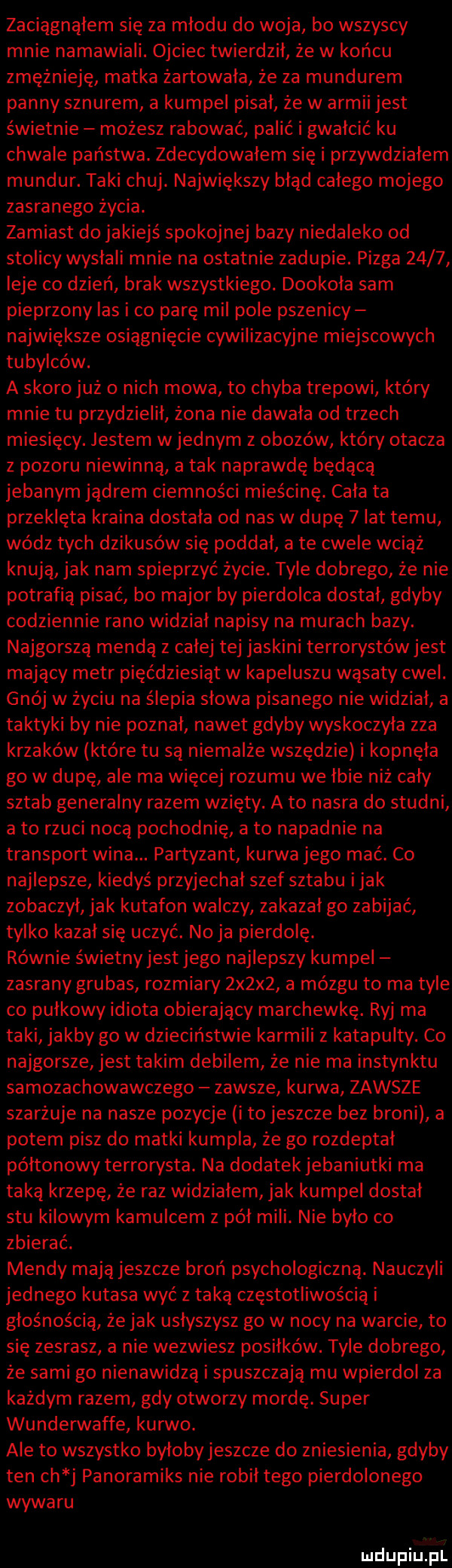 zaciągnąłem się za miodu do woja bo wszyscy mnie namawiali. ojciec twierdził że w końcu zmężnieję matka żartowała że za mundurem panny sznurem a kumpel pisał że w armii jest świetnie możesz rabować palić i gwałcić ku chwale państwa. zdecydowałem się i przywdziałem mundur. taki chuj. największy błąd całego mojego zasranego życia. zamiast do jakiejś spokojnej bazy niedaleko od stolicy wysłali mnie na ostatnie zadupie. pizga      leje co dzień brak wszystkiego. dookoła sam pieprzony las i co parę mil pole pszenicy największe osiągnięcie cywilizacyjne miejscowych tubylców. a skoro już o nich mowa to chyba trepowi który mnie tu przydzielił żona nie dawała od trzech miesięcy. jestem w jednym z obozów który otacza z pozoru niewinną a tak naprawdę będącą jebanym jądrem ciemności mieścinę. cała ta przeklęta kraina dostała od nas w dupę   lat temu wódz tych dzikusów się poddał a te cwele wciąż knują jak nam spieprzyć życie. tyle dobrego że nie potrafią pisać bo major by pierdolca dostal gdyby codziennie rano widział napisy na murach bazy. najgorszą mendą z całej tej jaskini terrorystów jest mający metr pięćdziesiąt w kapeluszu wąsaty cwel. gnój w życiu na ślepia słowa pisanego nie widział a taktyki by nie poznał nawet gdyby wyskoczyła zza krzaków które tu są niemalże wszędzie i kopnęła go w dupę ale ma więcej rozumu we łbie niź cały sztab generalny razem wzięty. a to nasra do studni a to rzuci nocą pochodnię a to napadnie na transport wina. partyzant kurwa jego mać. co najlepsze kiedyś przyjechał szef sztabu imak zobaczył jak kutafon walczy zakazał go zabijać tylko kazał się uczyć. no ja pierdolę. równie świetny jest jego najlepszy kumpel zasrany grubas rozmiary  x x  a mózgu to ma tyle co pułkowy idiota obierający marchewkę. ryj ma taki jakby go w dzieciństwie karmili z katapulty. co najgorsze jest takim debilem że nie ma instynktu samozachowawczego zawsze kurwa zawsze szarżuje na nasze pozycje i to jeszcze bez broni a potem pisz do matki kumpla że go rozdeptał półtonowy terrorysta. na dodatek jebaniutki ma taką krzepę że raz widziałem jak kumpel dostał stu kilowym kamulcem z pół mili. nie było co zbierać. mendy mają jeszcze broń psychologiczną. nauczyli jednego kutasa wyć z taką częstotliwością i głośnością ze jak usłyszysz go w nocy na warcie to się zesrasz a nie wezwiesz posiłków. tyle dobrego że sami go nienawidzą i spuszczają mu wpierdol za każdym razem gdy otworzy mordę. super wunderwaffe kurwo. ale to wszystko byloby jeszcze do zniesienia gdyby ten ch j panoramiks nie robił tego pierdolonego wywaru r luclupiu pl