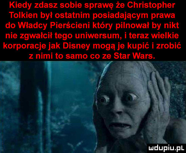 kiedy zdasz sobie sprawę że christopher tolkien był ostatnim posiadającym prawa do władcy pierścieni kłów pilnował by nikt nie zgwałcił tego uniwersum i teraz wielkie korporacje jak disney mogą je kupić i zrobić z nimi to samo co ze star wars