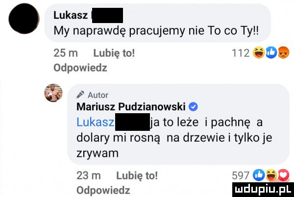 lukasz my naprawdę pracujemy nie to co ty    m lunięto hz d. odpowiedz autor mariusz pudzianowski lukasz ja to leże i pachnę a dolary mi rosną na drzewie i tylkoje zrywam    m lubię to         odpowiedz
