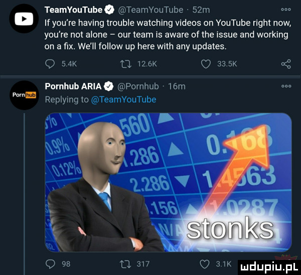 vom teamvoutubeo teamvoutube.   m lf y-u re haking trouble watching videos on youtube right now y-u re not alone ourteam is awale of tee issie and working on a fax. we ll fellow up here with any updates. q   k u    k    k pornhub aria o pomhub   m replymg io mteamvoutube