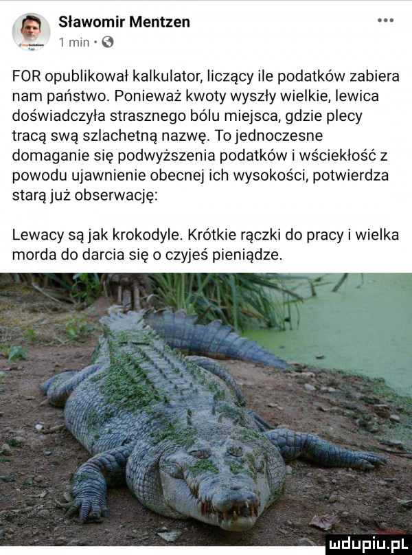 sławomir mentzen l mln b for opublikował kalkulator. liczący ile podatków zabiera nam państwo. ponieważ kwoty wyszly wielkie lewica doświadczyła strasznego bólu miejsca gdzie plecy traca swą szlachetną nazwę. to jednoczesne domaganie się podwyższenia podatków i wściekłość z powodu ujawnienie obecnej ich wysokości potwierdza starą już obserwację lewacy są jak krokodyle. krótkie rączki do pracy i wielka morda do darcia się o czyjeś pieniądze. daf iu f l