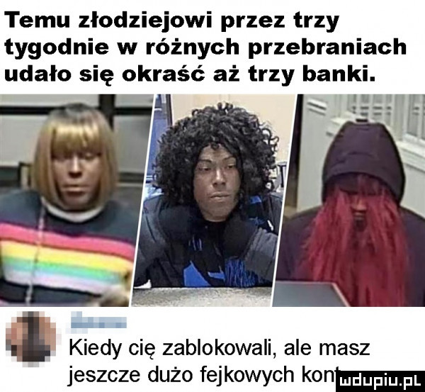 temu złodziejowi przez trzy tygodnie w różnych przebraniach udało się okraść aż trzy banki.   kiedy cię zablokowali ale masz jeszcze dużo fejkowych kanw
