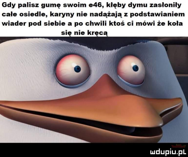 gdy palisz gumę swoim e   kłęby dymu zaslonily cale osiedle karyny ma nadążają z podstawianiem wiader pod siebie a po chwili ktoś ci mówi że kola się nie kręcą