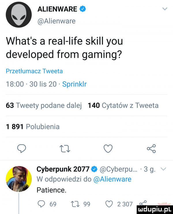 alienware o alienware wiat s a real lice skull y-u developed from gaming przetłumacz tweeta          lis    sprinklr    tweety podane dalej     cetan w z twe eta      polubienia q o o ś cyberpunk       cyberpu.    . w odpowiedzi do alienware panience. q    cl         m