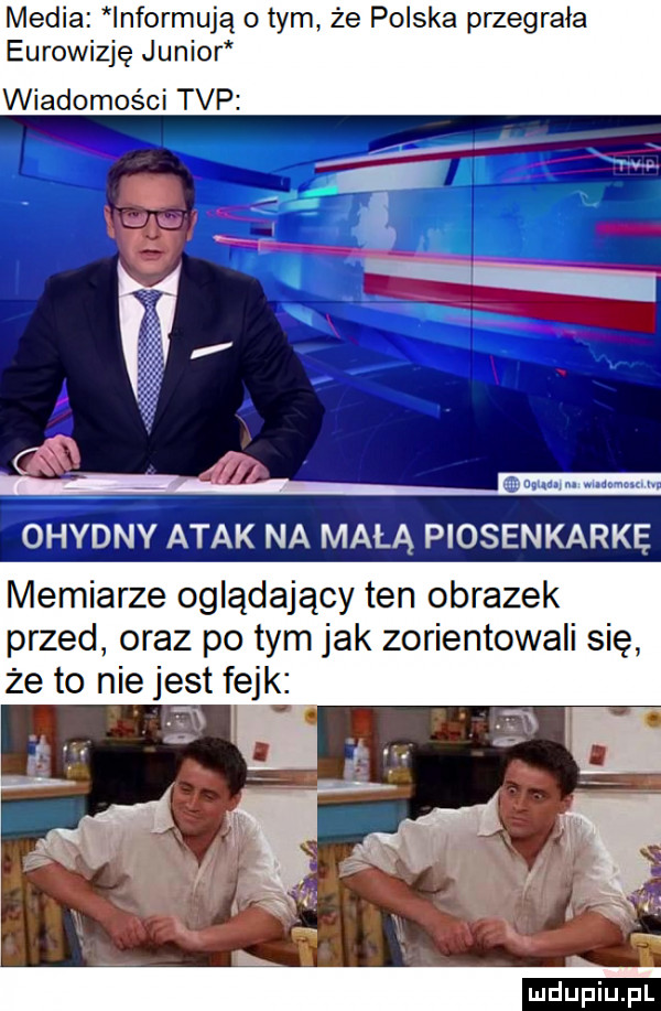 media informują o tym że polska przegrała eurowizję junior wiadomości tvp memiarze oglądający ten obrazek przed oraz po tym jak zorientowali się że to nie jest fejk w