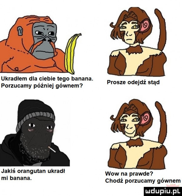 ukradłem dla cleble tego banana. prosze odejdź stąd porzucamy późnle gównem jak orangutan ukradl mi banana. wow na prawde chodź pokucamy gównem