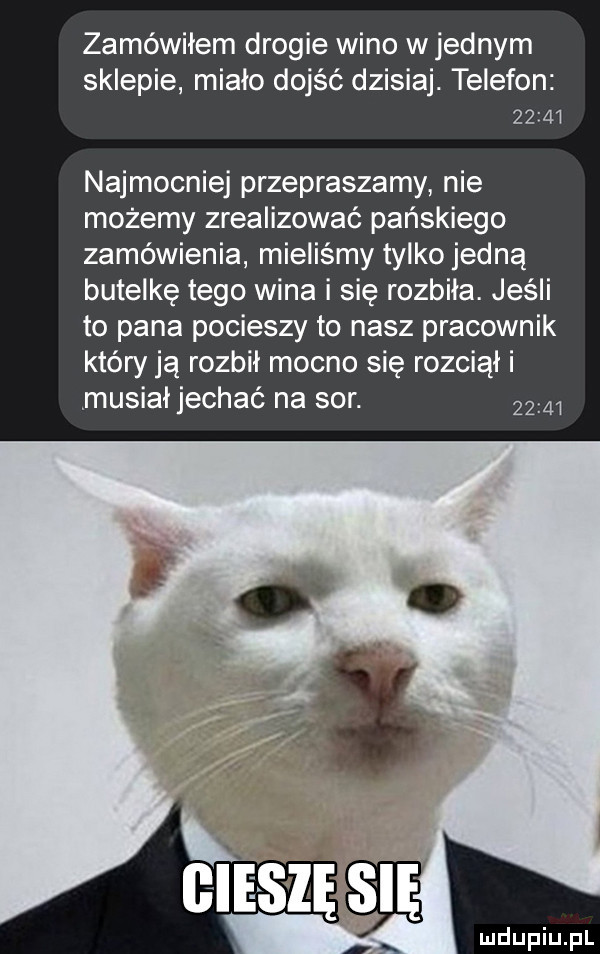 zamówiłem drogie wino w jednym sklepie miało dojść dzisiaj. telefon       najmocniej przepraszamy nie możemy zrealizować pańskiego zamówienia mieliśmy tylko jedną butelkę tego wina i się rozbiła. jeśli to pana pocieszy to nasz pracownik który ją rozbił mocno się rozciął i musiałjechać na sor
