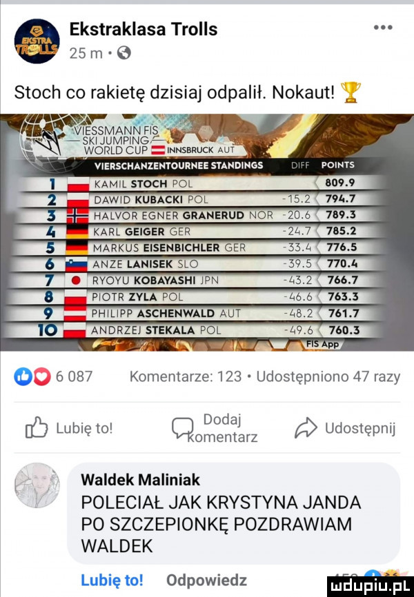 ekstraklasa trolls    rn stoch co rakietę dzisiaj odpalił nokaut xr viessmanifns i t  k jumping l. worldcup inusanuckauy vlzascnmzznłóunnzz surnames palm s kamil stoch pol    . r   dawid kubacki pol    żx ej n karl geiger ger      .       adze lanisek slo             ąl o       komentarze.     udostępniono    razy. dodaj. lubię to cmentarz udostępnij waldek maliniak poleciał jak krystyna janda po szczepionke pozdrawiam waldek lubię to odpowiedz m
