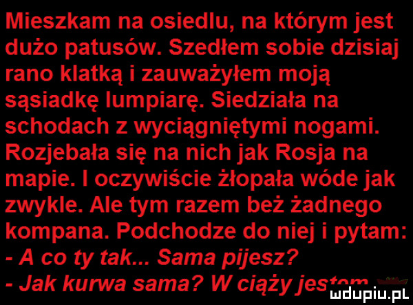 mieszkam na osiedlu na którym jest dużo patusów. szedłem sobie dzisiaj rano klatką i zauważyłem moją sąsiadkę iumpiarę. siedziała na schodach z wyciągniętymi nogami. rozjebała się na nich jak rosja na mapie. i oczywiście żłopała wade jak zwykłe. ale tym razem beż żadnego kompana. podchodze do niej i pytam a co ty tak. sama pijesz jak kurwa sama w c ązyjesm ljlgi ii