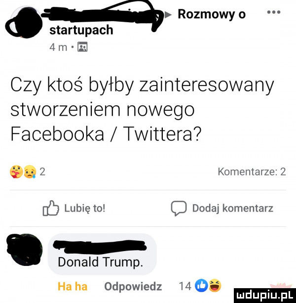 ﬂ rozmowyo startupach aim ie czy ktos byłby zainteresowany stworzeniem nowego facebooka twittera.   komentarze   lubię to dodaj komentarz donald trump. ha ha odpowiedz    o. ludu iu. l