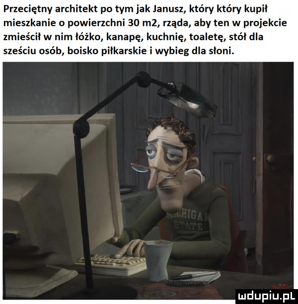 przeciętny architekt po tym jak janusz który który kupił mieszkanie o powierzchni    m  rząsa aby ten w projekcie zmieścił w nim łóżko kanapę kuchnię toaletę stół dla sześciu osób boisko pilkarskie i wybieg dla słoni