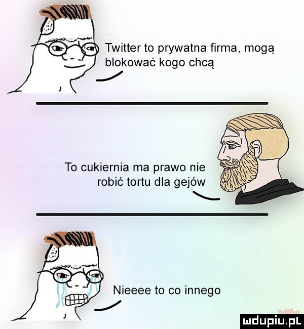 twitter to prywatna firma mogą blokować kogo chcą to cukiernia ma prawo nie robić tortu dla gejów nieeee to co innego