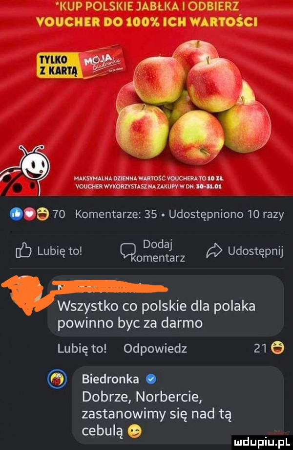 kup polskie jabłka i odbierz voucher do    ic wai i osci wa j f mxmmmmnmwmwscvomzuzmmun voucher wvmuvsnszm mam w m  mm a    komentarze    udostępniono    razy. dodaj. c  lubię to omentarz udostępnu wszystko co polskie dla polaka powinno byc za darmo lubię to odpowiedz    biedronka. dobrze norbercie zastanowimy się nad tą cebulą