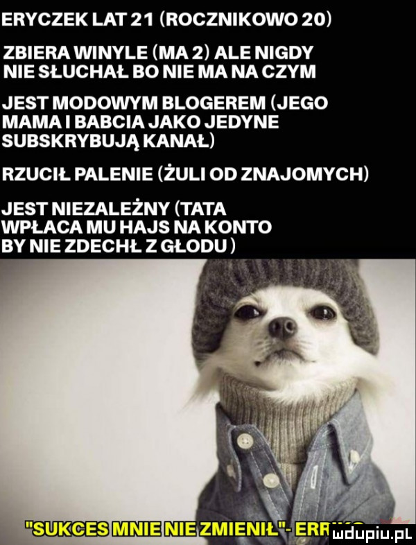 eryczek lat    rocznikowo    zbiera winyle ma   ale nigdy nie słuchał bo nie ma na czym jest modowym blogerem jego mama i babcia jako jedyne subskrybują kanał rzucił palenie żuli od znajomych jest niezależny tata wpłaca mu hajs na konto by nie zdechl z głodu
