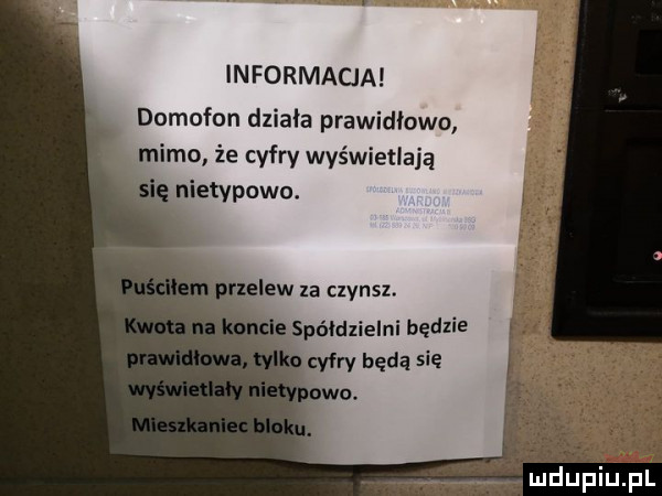 informacja domofon działa prawidłowo mimo że cyfry wyświetlają ę nietypowo. abakankami telew za czynsz