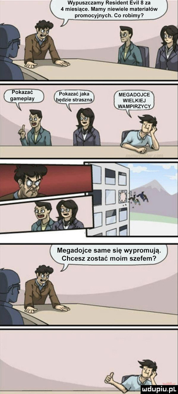 wypuszczamy rewident emil   za   miesiące. mamy niewiele materiałów promocyjnych. co robimy ax megadojce wielkiej wampirzycy pokazać gameplay pokazie jaka edzie straszna megadojce same się wypromują. chcesz zostać moim szefem