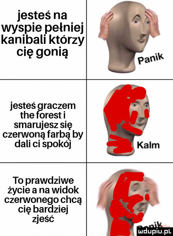 jesteś na wyspie pełnie kanibali którzy cię gonią jesteś reczem tee orest i smarujesz się czennon ą farbą by dali ci spokój to prawdziwe życie a na widok czennonego chcą cię bardziej zjeść