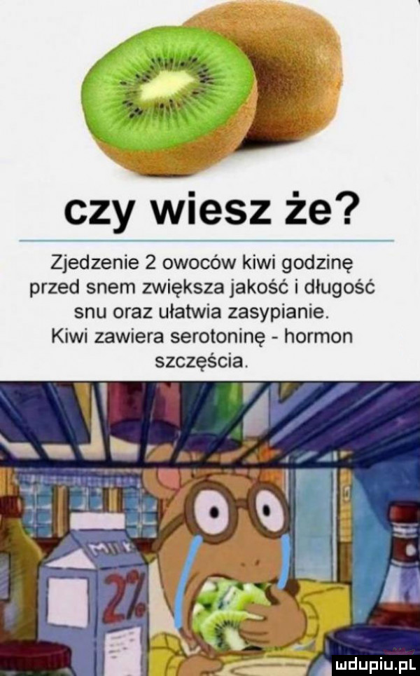 i l czy wiesz ze zjedzenie   owoców kiwi godzinę przed snem zwiększa jakość i długość snu oraz ułatwia zasypianie kiwi zawiera serotoninę hormon szczęścia