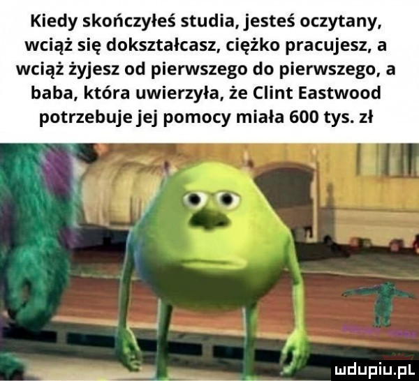 kiedy skończyłeś studia jesteś oczytany wciąż się dokształcasz ciężko pracujesz a wciąż żyjesz od pierwszego do pierwszego a baba która uwierzyła że clint eastwood potrzebuje jej pomocy miała     tys. zł