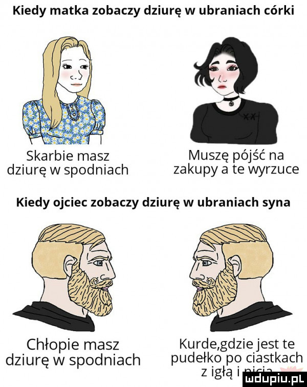 kiedy matka zobaczy dziurę w ubraniach córki skarbie masz muszę pójść na dziurę w spodniach zakupy a te wyrzuce kiedy ojciec zobaczy dziurę w ubraniach syna chłopie masz kurde gdzieljest te dziurę w spodniach pudełko pq ciastkach gm ﬂlﬁm