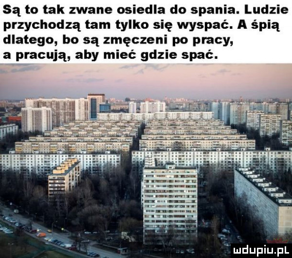 są to tak zwane osiedla do spania. ludzie przychodzą tam tylko się wyspać. a śpią dlatego bo są zmęczeni po placy a pracują aby mieć gdzie spać