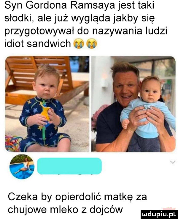 syn gordona ramsaya jest taki słodki ale już wygląda jakby się przygotowywał do nazywania ludzi idiot sandwich czeka by opierdolić matkę za chujowe mleko z dolców