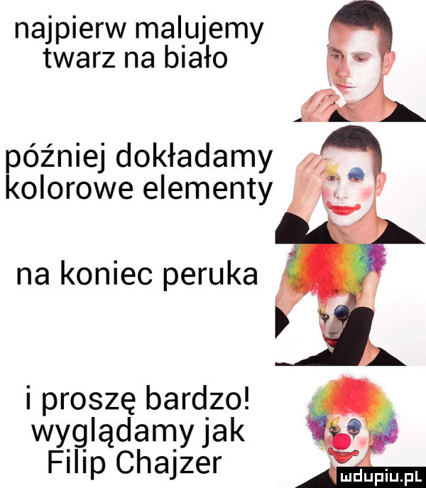 najpierw mel ujemy twarz na b abo później dokładamy kolorowe elementy na koniec peruka i proszę bardzo wyglądamyjak filip chajder