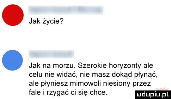 jak życie. jak na morzu szerokie horyzonty ale celu nie widać nie masz dokąd płynąć ale płyniesz mimowoli niesiony przez fale i rzygać ci się chce