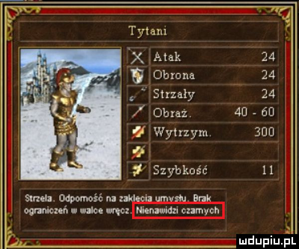 tytan x am e obrona strzały obraz. wydrzym. szybkość stnelz. odporność na zaklęci unvsm blik ogmnlczeń walce wręcl. nieniwidzl czarnych mdupiu l