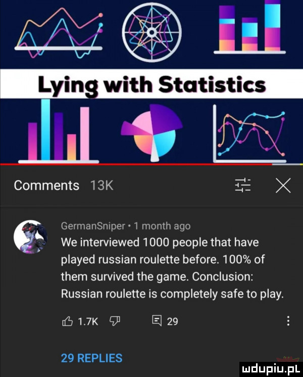 comments   k t germansmper i month ago we intewiewed      people trat hace played russian roulette before.     of them survived tee game. conclusion russian roulette is completely safe to play. ﬁnk    el       replies mduplu pl