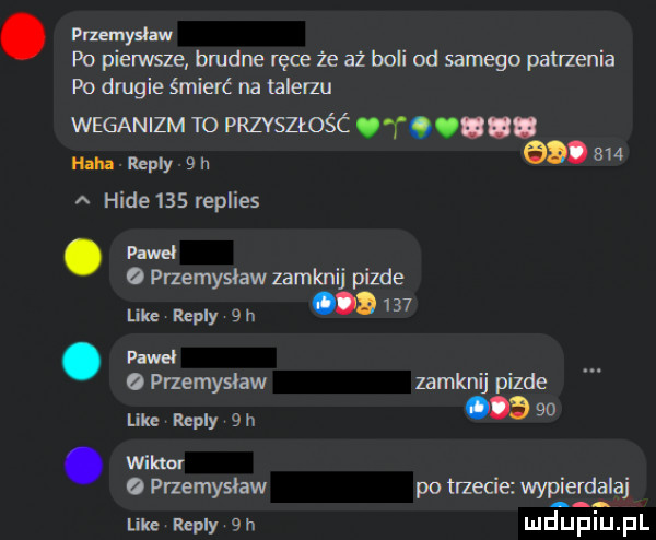 ma. po pierwsze brudne ręce że aż boli od samego patrzenia po drugie śmierć na talonu weganizm to przvsztosc   . haba repry   n   a hide     replies. paweł   przemysław zamknij pizde like mm   n    .   przemysław zamknij pizde like repry  h m  . wim   pnemysław po irzecie wypierdalaj like repry  n