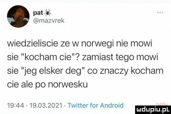 pank mazurek wiedzieliscie ze w norwegi nie mowi sie kocham cie zamiast tego mowi sie jag elsner deg co znaczy kocham cie ale po norwesku                  twitter for android